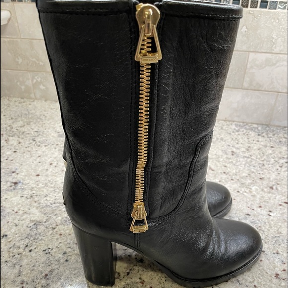 Jimmy Choo 4” heel biker mid calf boots size 38 (8) black gold zipper - Picture 4 of 12
